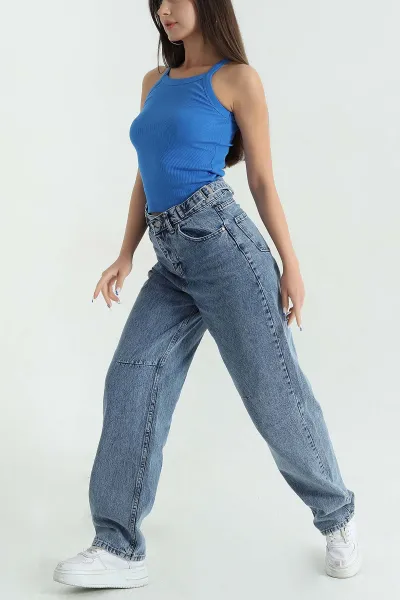 Çift Toka Baggy Kadın Kot Pantolon 367045
