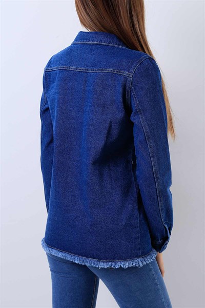 Çıtçıtlı Yırtık Mavi Bayan Kot Ceket 18480B