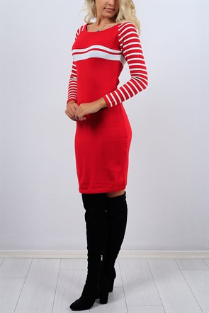 Çizgi Desen Kırmızı Triko Elbise 3136B