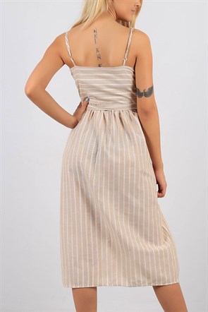 Çizgi Desen Krem Bayan Elbise Modeli 8704B