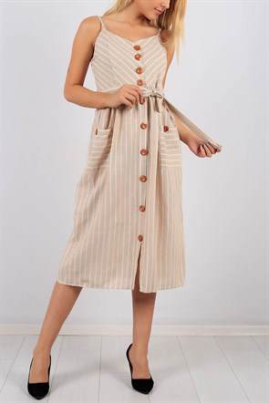 Çizgi Desen Krem Bayan Elbise Modeli 8704B
