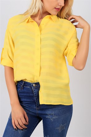 Çizgi Detaylı Sarı Salaş Bayan Gömlek 8502B