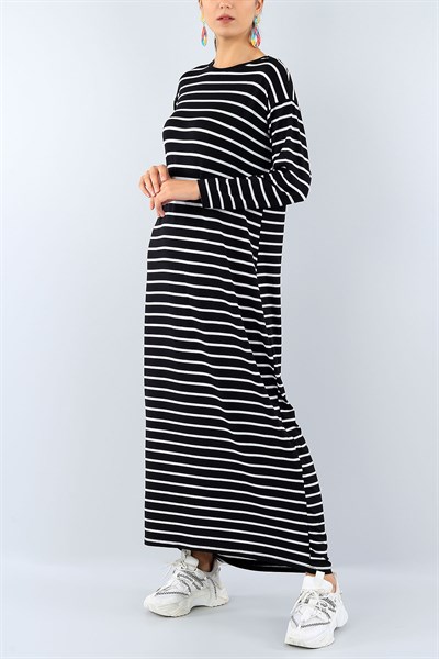 Çizgi Tasarımlı Siyah Likralı Elbise 38806