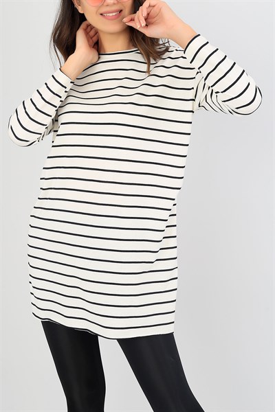Çizgili Likralı Krem Tunik 38241