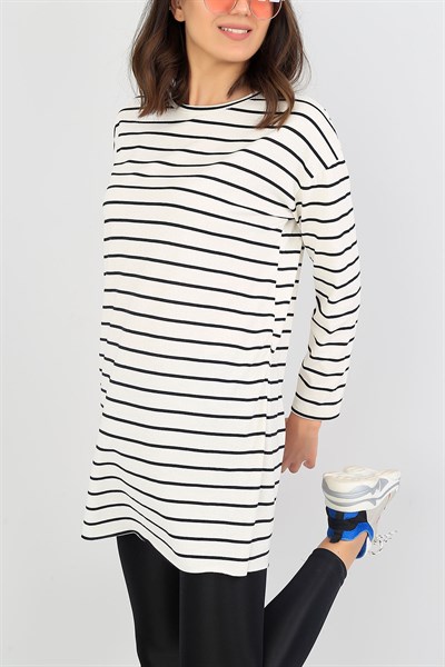 Çizgili Likralı Krem Tunik 38241
