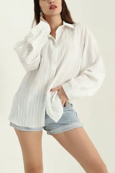 Çizgili Oversize Dokuma Bayan GÖmlek 337019