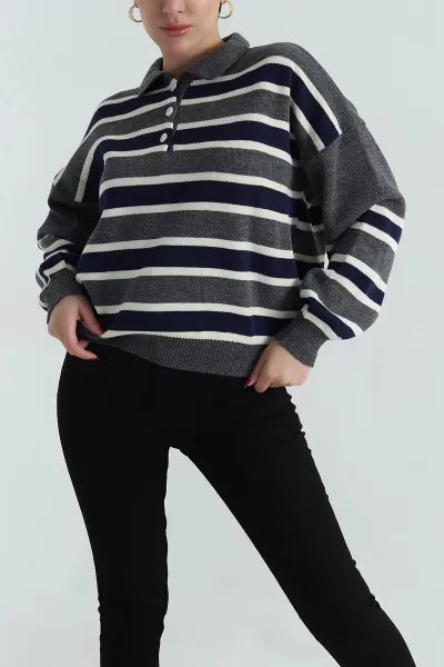 Çizgili Polo Yaka Kadın Triko Kazak 413621