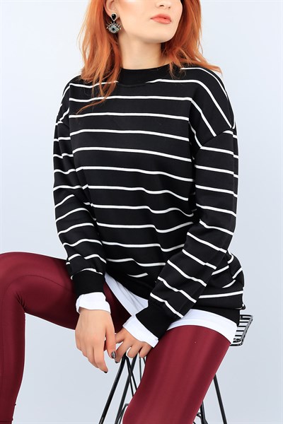 Çizgili Şardonlu Siyah Bayan Sweat 38426