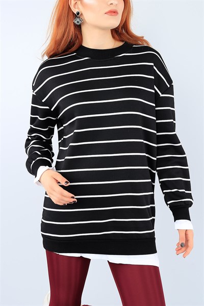 Çizgili Şardonlu Siyah Bayan Sweat 38426