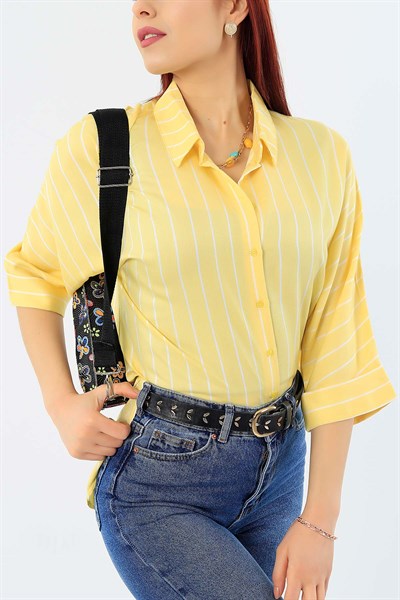 Çizgili Sarı Bayan Dokuma Gömlek 30081B
