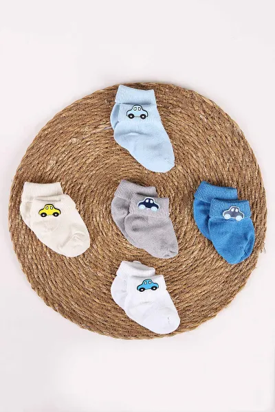 Çoklu Renk (0-12 Ay) Araba Figürlü 5'li Erkek Bebek Çorap 471648