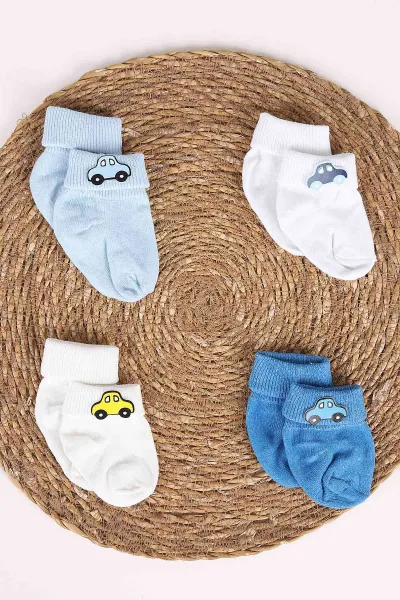 Çoklu Renk (0-12 Ay) Araba Nakışlı 4'lü Erkek Bebek Çorap 468543