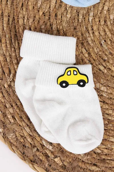 Çoklu Renk (0-12 Ay) Araba Nakışlı 4'lü Erkek Bebek Çorap 468543