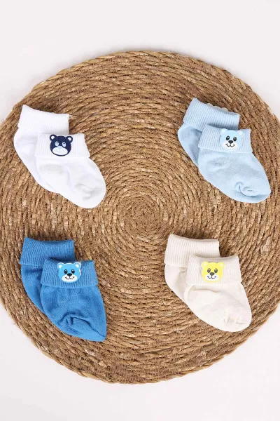 Çoklu Renk (0-12 Ay) Ayıcık Nakışlı 4'lü Erkek Bebek Çorap 468544