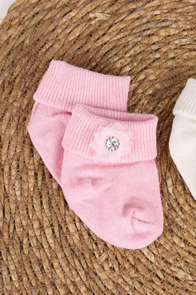 Çoklu Renk (0-12 Ay) Boncuklu 3'lü Kız Bebek Çorap 468546
