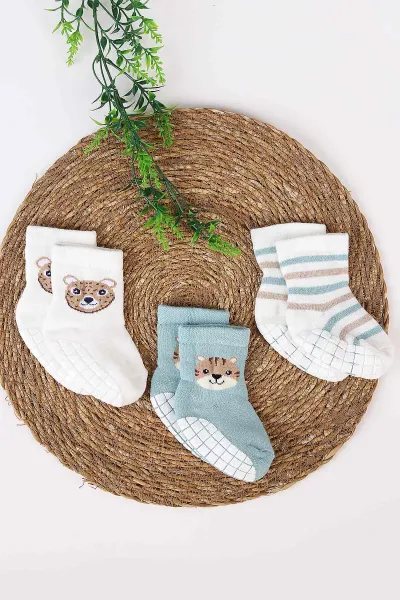 Çoklu Renk (0-4 Yaş)Kaymaz Tabanlı 3'lü Unisex Havlu Bebek&Çocuk Soket Çorap 482475