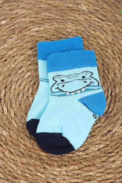 Çoklu Renk (0-4 Yaş)Kurbağa Desenli 4'lü Dikişsiz Erkek Bebek Soket Çorap 388023