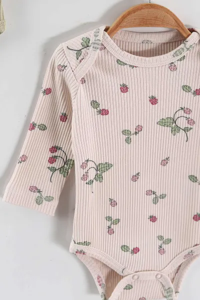 Çoklu Renk (0-6 Ay) Ahududu Baskılı  Raporlu Uzun Kol 3'lü Kız Bebek Çıtçıtlı Badi 469241