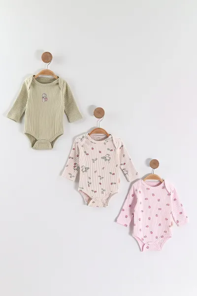 Çoklu Renk (0-6 Ay) Ahududu Baskılı  Raporlu Uzun Kol 3'lü Kız Bebek Çıtçıtlı Badi 469241