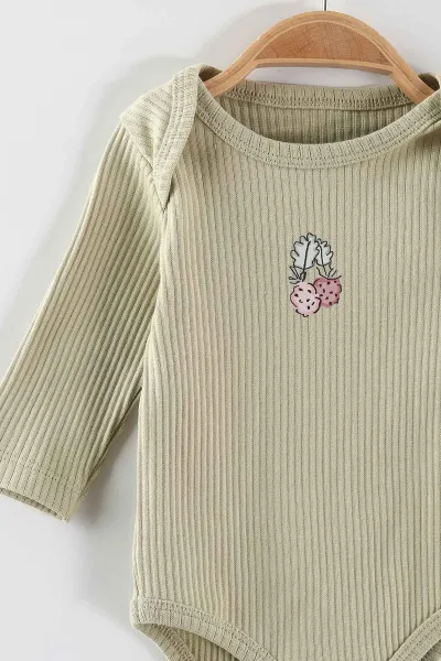 Çoklu Renk (0-6 Ay) Ahududu Baskılı  Raporlu Uzun Kol 3'lü Kız Bebek Çıtçıtlı Badi 469241