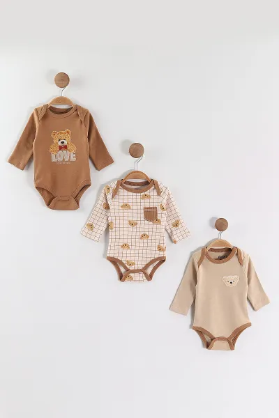 Çoklu Renk (0-6 Ay) Ayıcık Baskılı  Uzun Kol 3'lü  Bebek Çıtçıtlı Badi 388450 468675
