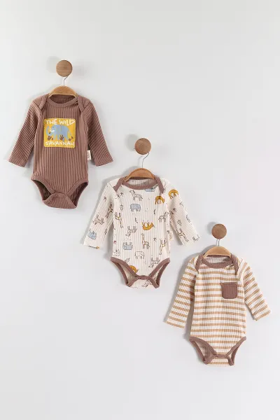 Çoklu Renk (0-6 Ay) Fitilli Baskılı  Uzun Kol 3'lü Erkek Bebek Çıtçıtlı Badi 468770