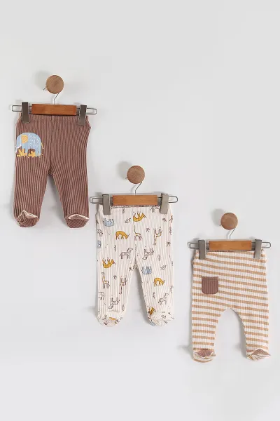 Çoklu Renk (0-6 Ay) Fitilli Kumaş Baskılı Patikli Erkek Bebek 3'lü Pijama Alt 468652