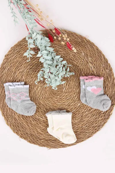 Çoklu Renk (0-6 Ay) Karışık Desen 3'lü Kız Bebek Çorap 467395