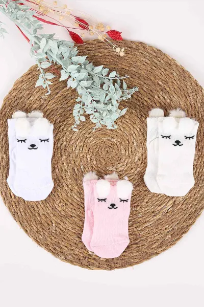 Çoklu Renk (0-6 Ay) Kulaklı Kedi Baskılı 3'lü  Kız Bebek Çorap 467513