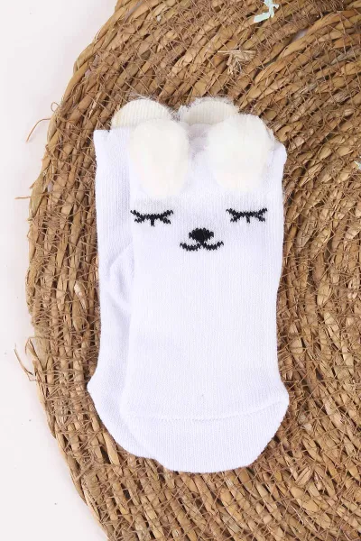 Çoklu Renk (0-6 Ay) Kulaklı Kedi Baskılı 3'lü  Kız Bebek Çorap 467513
