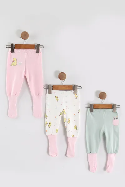 Çoklu Renk (0-6 Ay) Ördek Desenli Çorap Detaylı Kız Bebek 3'lü Pijama Alt 468656