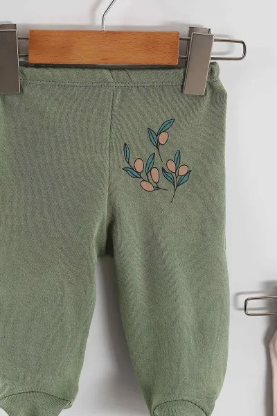 Çoklu Renk (0-6 Ay)Zeytin Desenli Patikli Kız Bebek 3'lü Pijama Alt 469252