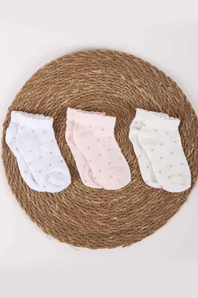 Çoklu Renk (1-12 Yaş) Puantiye Desenli Patik 3'lü  Kız Çocuk Çorap 454228