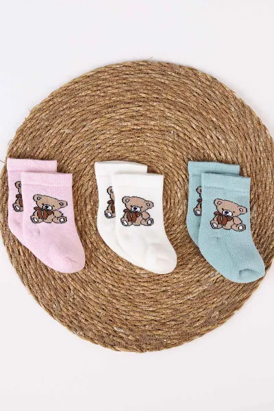 Çoklu Renk (1-4 Yaş) Ayıcık Desenli   3'lü Havlu Kız Bebek&Çocuk Soket Çorap 482419