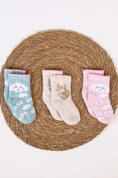 Çoklu Renk (1-4 Yaş)  Desenli   3'lü Havlu Kız Bebek&Çocuk Soket Çorap 482420