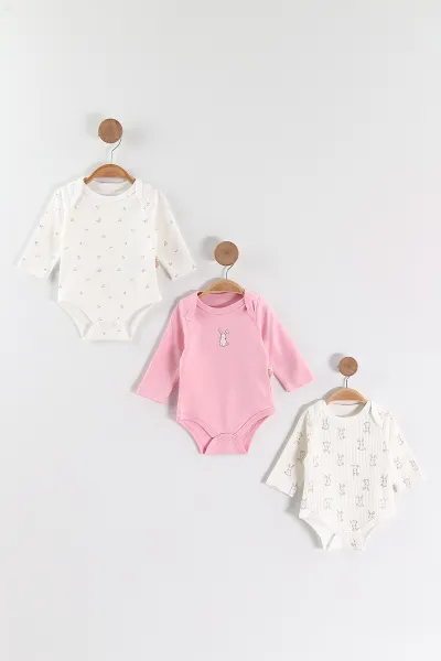 Çoklu Renk (3-9 Ay) Tavşan Desenli 3'lü Kız Bebek Çıtçıtlı Badi 469148