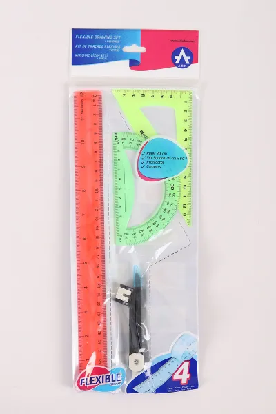 Çoklu Renk Ark Pergelli Plastik Esnek Kırılmaz Cetvel Takımı 4 Parça 457042