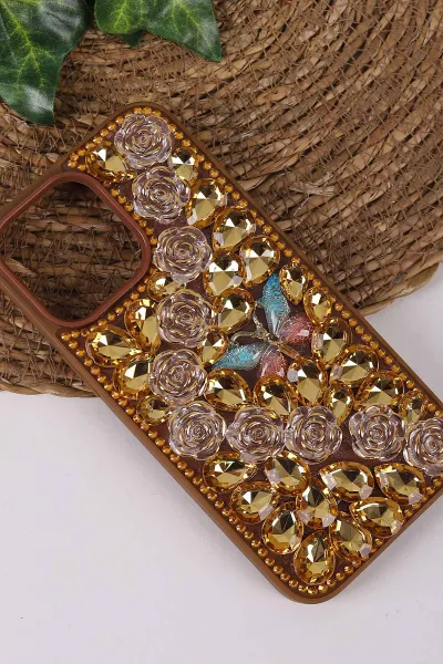Çöl TeknoCase İPhone 14 Pro Max Uyumlu Daisy Case Serisi Taşlı Vakumlu Sert Silikon Telefon Kılıfı 431048