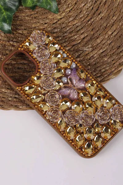 Çöl TeknoCase İPhone 15 Uyumlu Daisy Case Serisi Taşlı Vakumlu Sert Silikon Telefon Kılıfı 431060