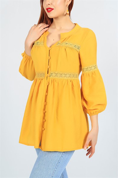 Dantel İşlemeli Sarı Bayan Gömlek 23386B