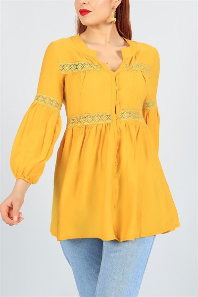 Dantel İşlemeli Sarı Bayan Gömlek 23386B