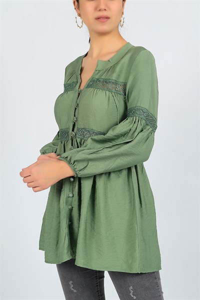 Dantel İşlemeli Yeşil Bayan Gömlek 23389B
