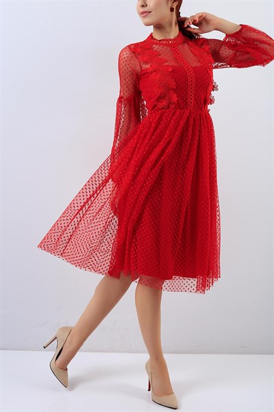 Dantelli Kırmızı Tül Elbise 18570B