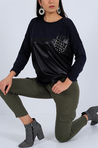 Deri Garnili İnci İşlemeli Lacivert Bluz 25877B