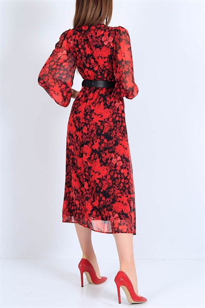 Deri Kemerli Astarlı Kırmızı Şifon Elbise 25754B