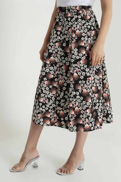 Desenli Beli Lastikli Poplin Dokuma Kadın Etek 479864