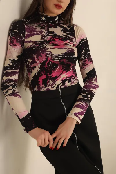 Desenli Dik Yaka Viskon Bluz 236498