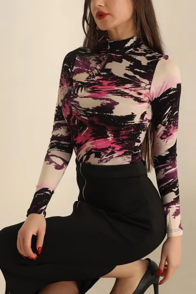 Desenli Dik Yaka Viskon Bluz 236498