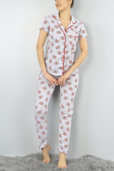Desenli Düğmeli Baskılı Bayan Pijama Takımı 55002