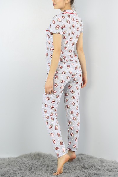 Desenli Düğmeli Baskılı Bayan Pijama Takımı 55002